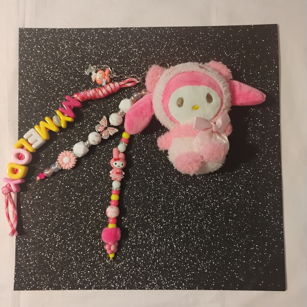 Pink Plush Character Keychain with Beaded Charm Straps
